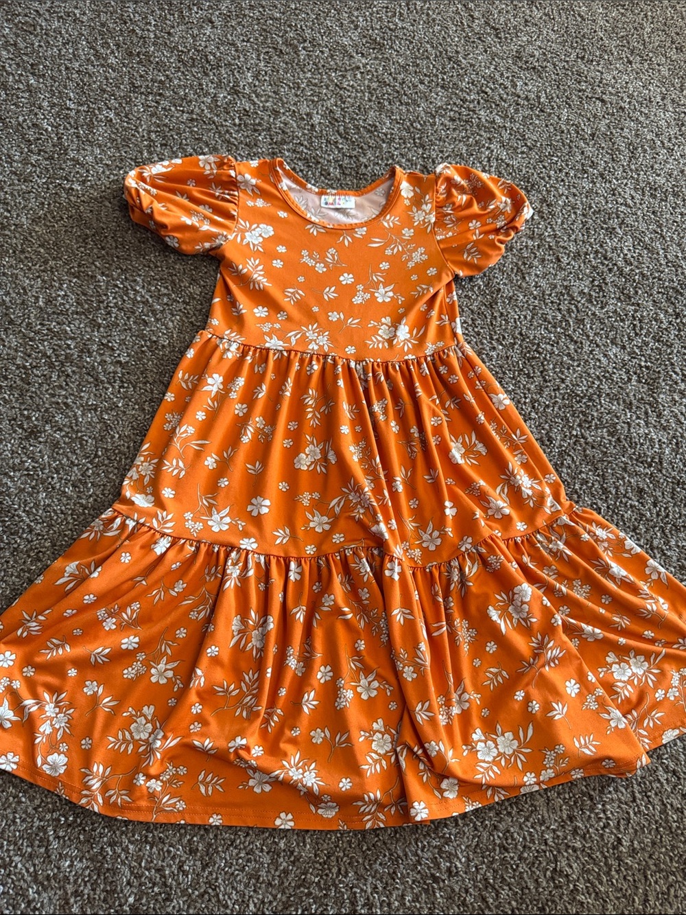 Dot Dot Smile Orange Floral Puff-Sleeve Tiered Dress